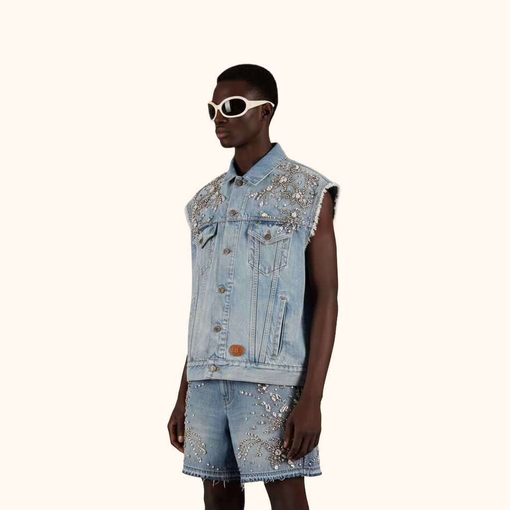Mens crystal denim vest